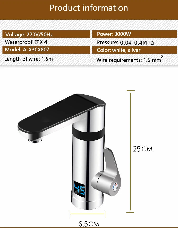 3000W Instant Electric Faucet Heater Tap Display Temperature Tankless Water Heater for Kitchen and Bathroom EU/UK/AU Plug 220V