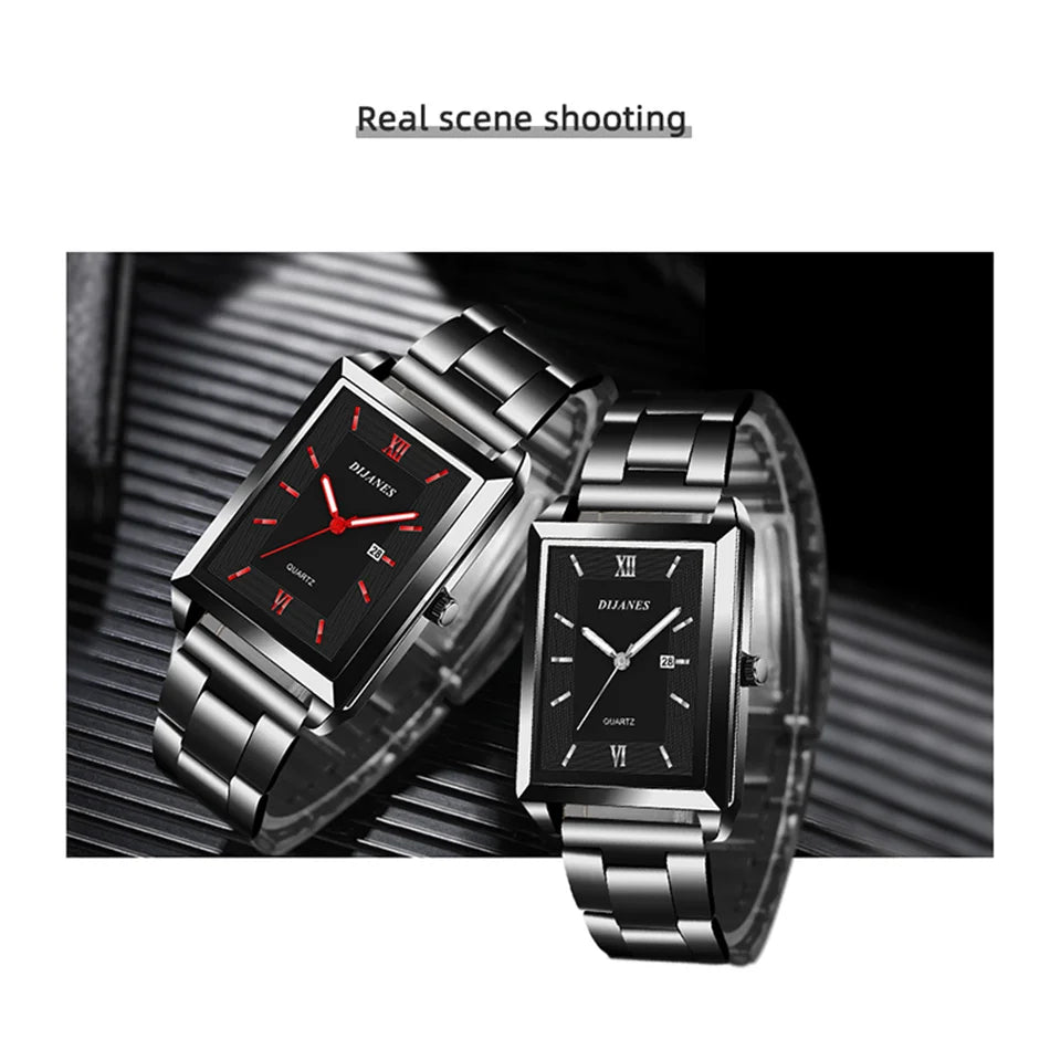 Fashion Mens Business Watches for Men Rectangle Stainless Steel Quartz Wrist Watch Man Casual Leather Watch relogio masculino