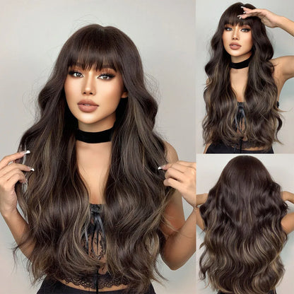 HENRY MARGU Long Brown Wavy Synthetic Wigs Middle Part Natural  Curly Wig for Black Women Cosplay Daily Heat Resistant Fake Hair