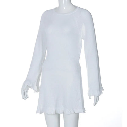 2026 Women Ins Style Sexy Backless Neck-hanging Long Sleeve Fishtail Dress Knit Beachwear Summer Swimsuit Bikini Cover-ups A2825