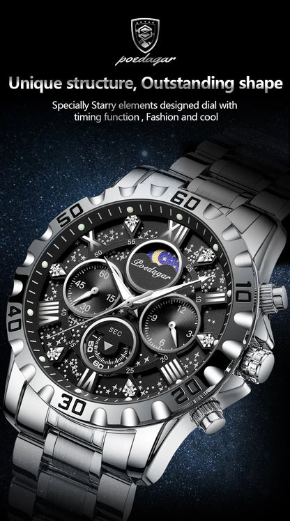 POEDAGAR Luxury Brand Men Watch Chronograph Waterproof Stainless Steel Luminous Male Watch Quartz Fashion Watches For Men Reloj