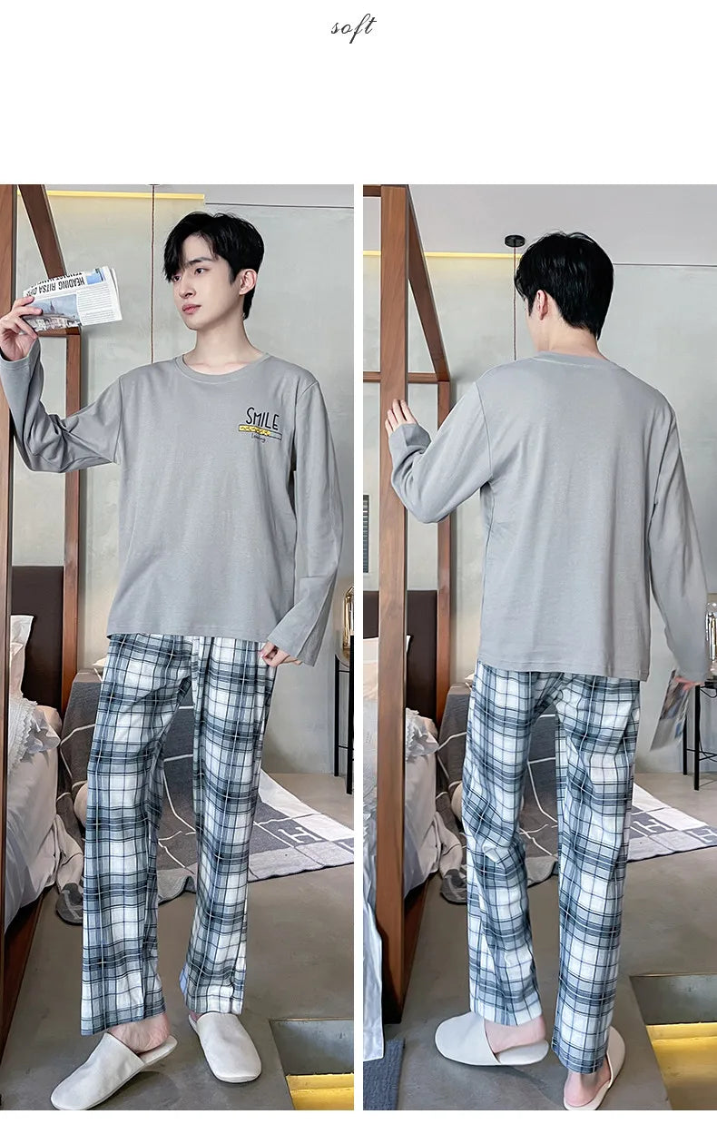 Spring Autumn Plus 4XL Knitted Men's Sleepwear Letter Lattice Pajamas Plaid Pajamas Sets Casual Loungewear Pyjamas Night Fashion