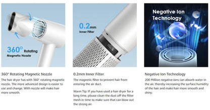 High Speed Hair Dryer ABIR SU9,360° Rotating Magnetic Nozzle,200mil Negative Ions,Low Noise,Blow Dryer 1600W Quick dry for Home