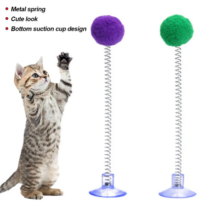 1pc Feather Spring Cat Interactive Toy Suction Cup Cat Fur Ball Teaser Wand Toys Cat Scratcher Toys Pet Supplies Random Color