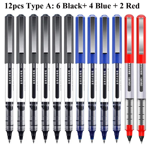 Deli Rollerball Pens, 12 Pack Blue/ Black Liquid Ink Ballpoint Gel Pens, 0.5 mm Fine Tip Rolling Ball Pens for Writing Drawing