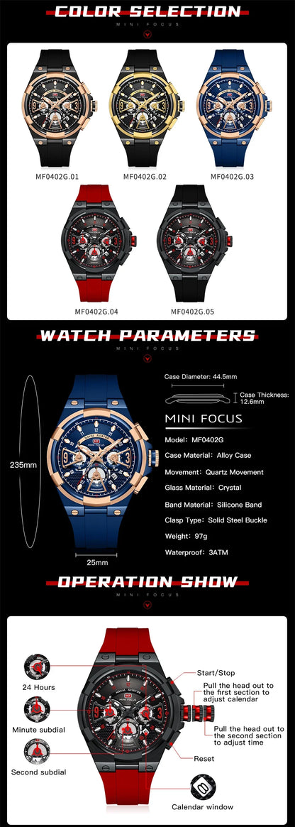 MINI FOCUS Multifunction Quartz Watches for Men Top Brand Luxury Silicone Sport WristWatch Man Clock Fashion Chronograph Watch