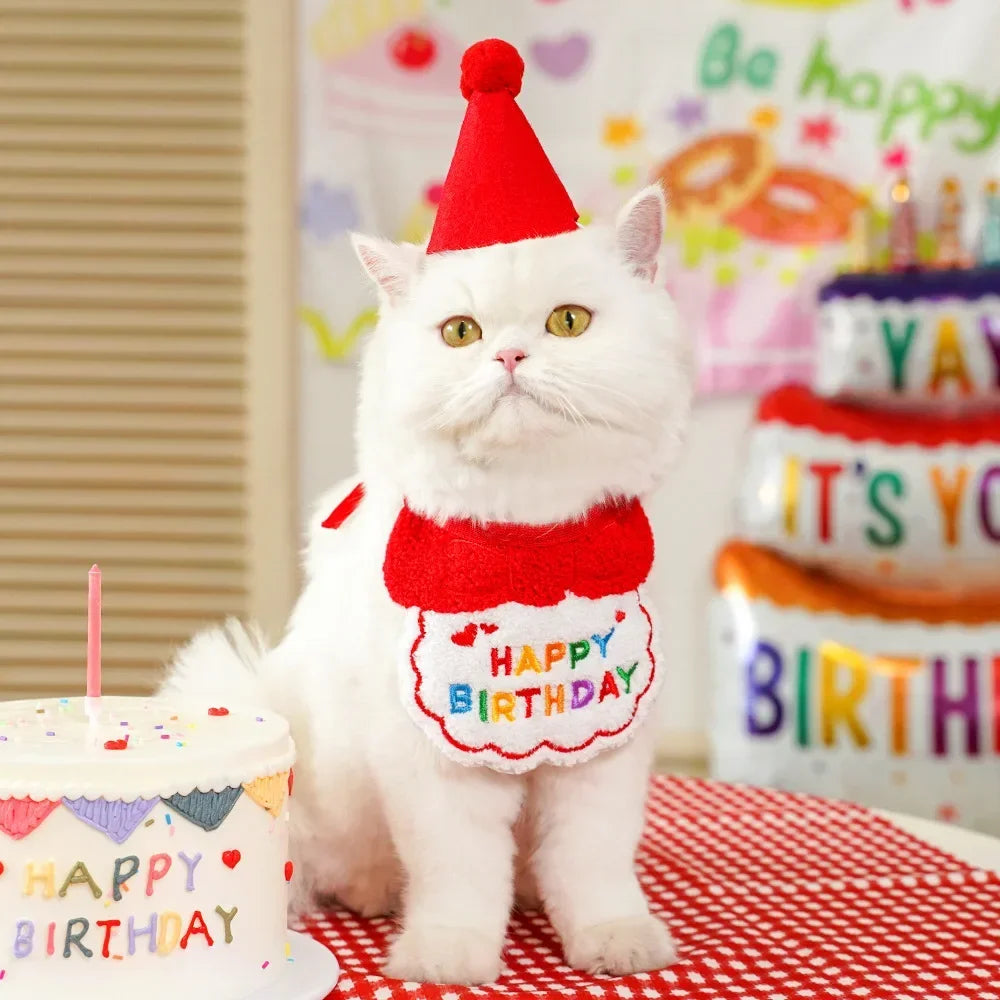 Cat Birthday Party Hat And Bib With Adjustable Bandana Pet Birthday Sweet Outfit Scarf Cats Puppy Dress Up Set Pet Supplies