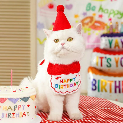 Cat Birthday Party Hat And Bib With Adjustable Bandana Pet Birthday Sweet Outfit Scarf Cats Puppy Dress Up Set Pet Supplies