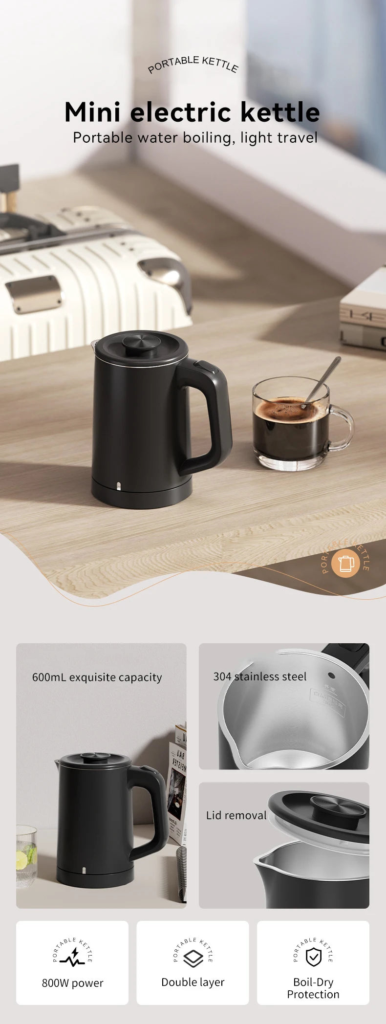 110V 220V Electric Kettle 0.6L Seamless 304 Stainless steel liner Fast heating Mini Teapot Water heater Coffee maker for Travel