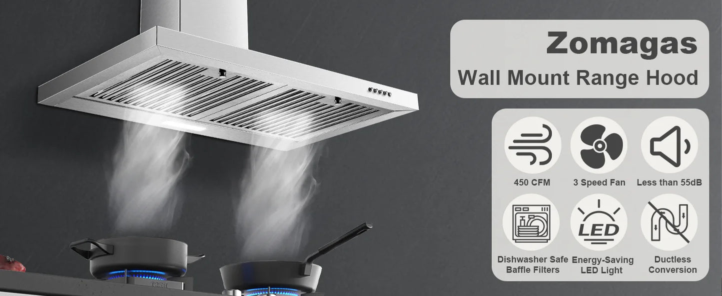 30-inch Wall Mount 450CFM - Stainless Steel Kitchen Vent Hood, Ultra Quiet 55dB, Ducted/Ductless Convertible, 3-Speed Range Hood
