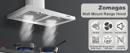 30-inch Wall Mount 450CFM - Stainless Steel Kitchen Vent Hood, Ultra Quiet 55dB, Ducted/Ductless Convertible, 3-Speed Range Hood