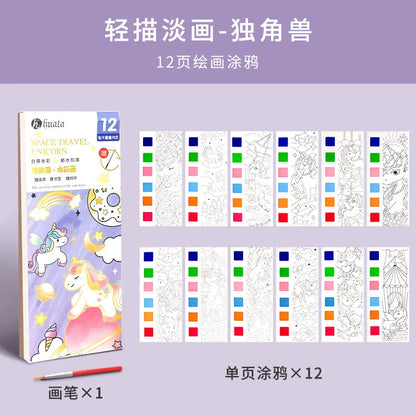 Kids Portable Watercolor Painting Book 12 Sheets Gouache Graffiti Picture 1 Pen Coloring Water Drawing Books Set Kids Toys Gifts