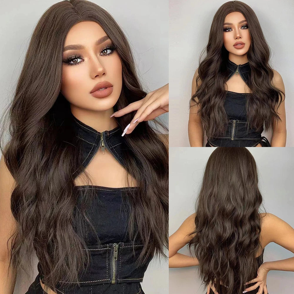 HENRY MARGU Long Brown Wavy Synthetic Wigs Middle Part Natural  Curly Wig for Black Women Cosplay Daily Heat Resistant Fake Hair