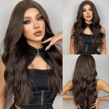 HENRY MARGU Long Brown Wavy Synthetic Wigs Middle Part Natural  Curly Wig for Black Women Cosplay Daily Heat Resistant Fake Hair
