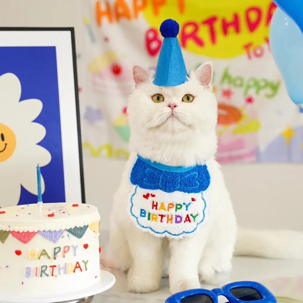 Cat Birthday Party Hat And Bib With Adjustable Bandana Pet Birthday Sweet Outfit Scarf Cats Puppy Dress Up Set Pet Supplies