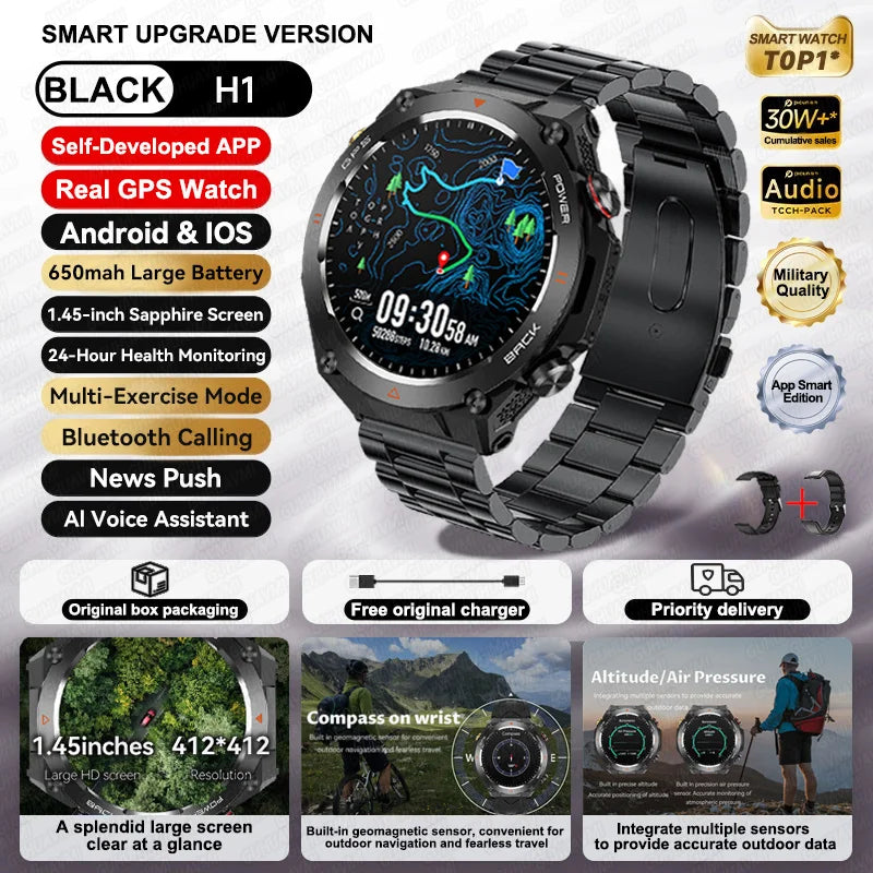2025 GPS New Men Dual-band Positioning Smart Watch Men AMOLED Compass Waterproof 650mAh Battery Military Sport Watches New