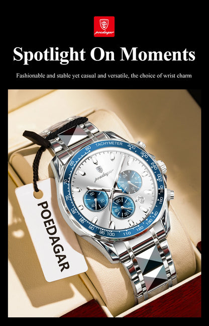 POEDAGAR Luxury Brand Men Watch Waterproof Luminous Stainless Steel Men's Watches Chronograph Date Quartz Business Watch For Man