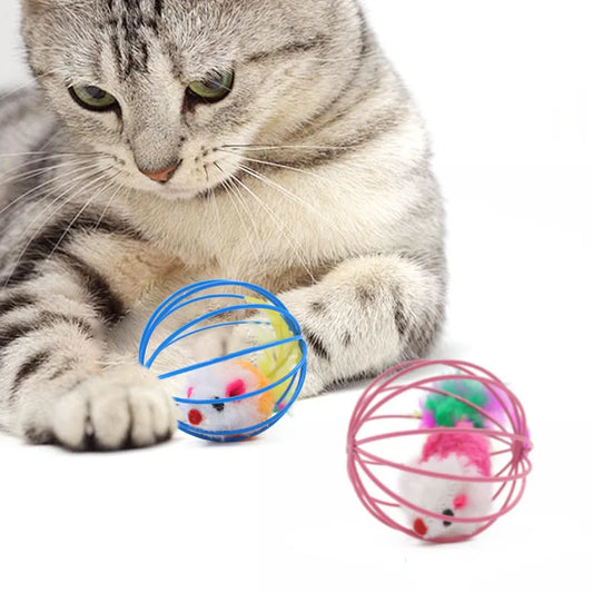 1Pcs Cat Toys Colorful Feathers Colorful Plush Mouse Ball Cage Cat Fun Creative Interactive Toys Pet Supplies Random Colors