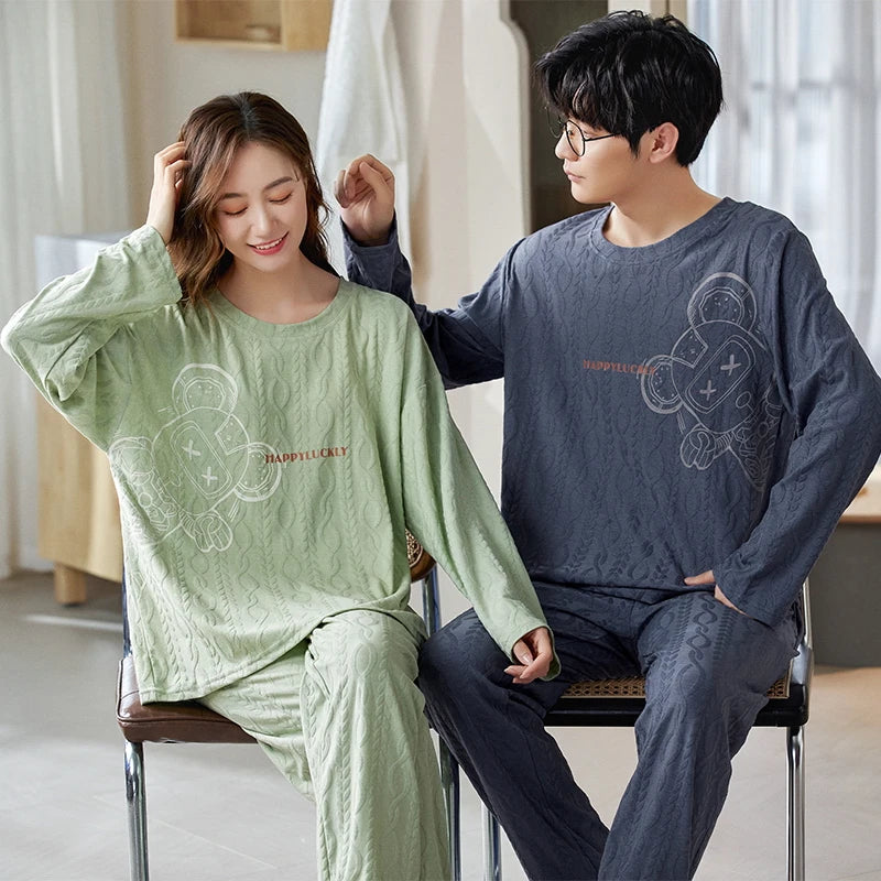 Autumn Couple Pajamas Sets Cartoon Men Sleepwear Leisure Cotton Plus Size Long Sleeve Women Homewear pijama Homme Mujer Dropship