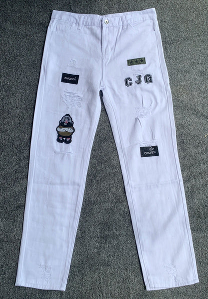 White Embroidery Skinny Ripped Jeans Men Cotton Stretchy Hole Slim Fit Hip Hop Denim Pants Casual Jeans for Men Jogging Trousers