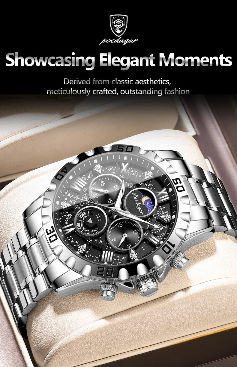POEDAGAR Luxury Brand Men Watch Chronograph Waterproof Stainless Steel Luminous Male Watch Quartz Fashion Watches For Men Reloj