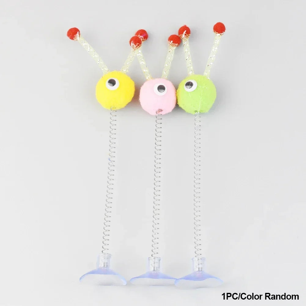 1pc Feather Spring Cat Interactive Toy Suction Cup Cat Fur Ball Teaser Wand Toys Cat Scratcher Toys Pet Supplies Random Color
