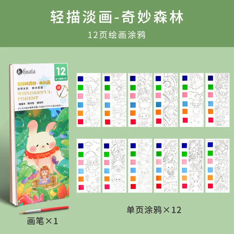Kids Portable Watercolor Painting Book 12 Sheets Gouache Graffiti Picture 1 Pen Coloring Water Drawing Books Set Kids Toys Gifts