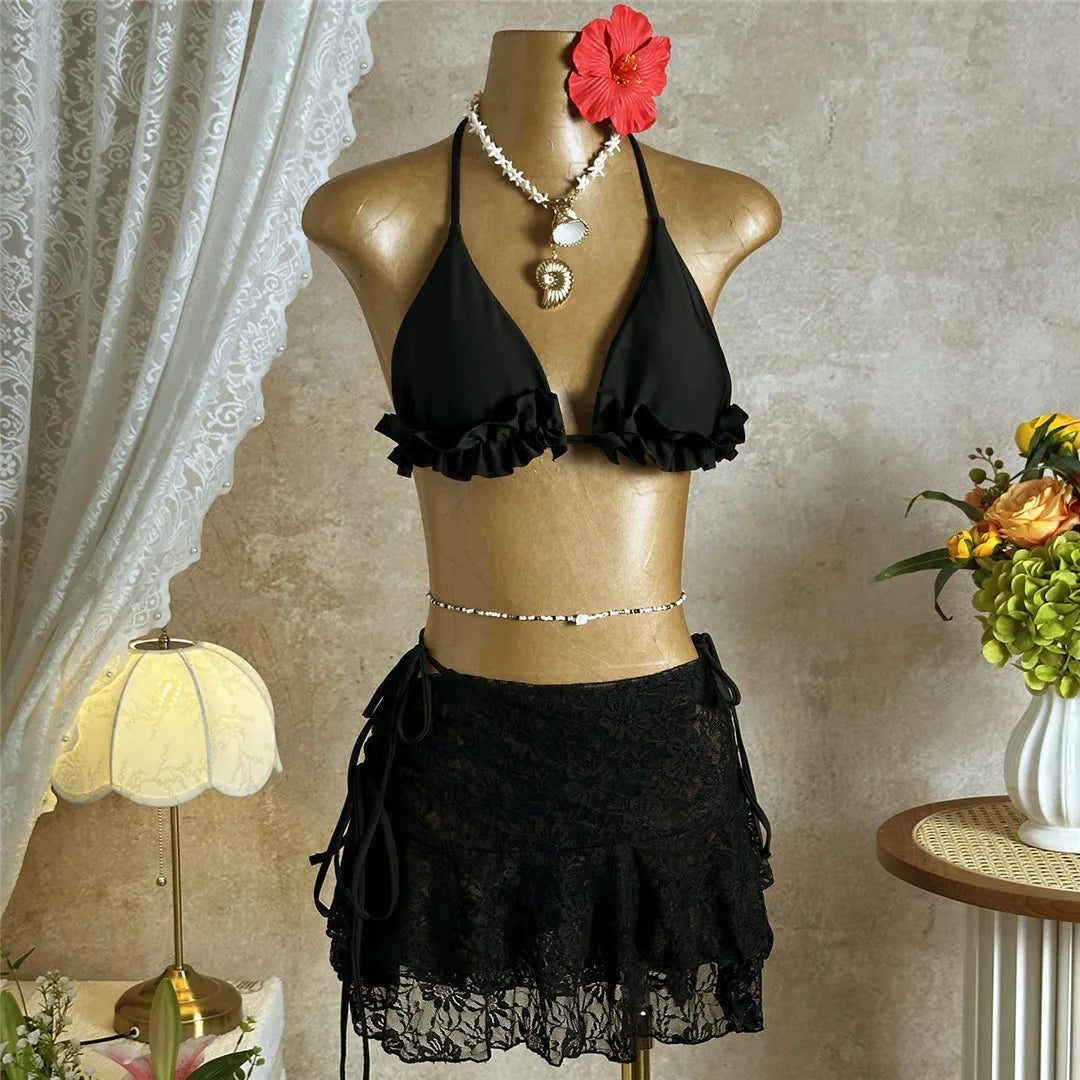 With Skirt Ruffled Frilled Halter Bikini Female Swimsuit Women Swimwear Three-pieces Bikini set Bather Bathing Suit Swim V7788