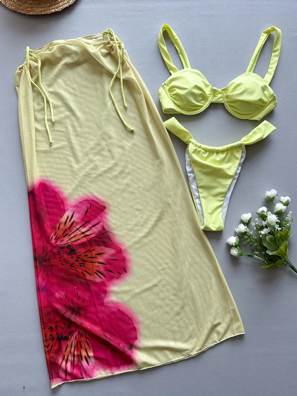 Melphieer Yellow Three-pieces Swimsuit Set With Mesh Skirt Bikini Inspired Women's Swimwear Beach Bathing Suit Vacay Outfit