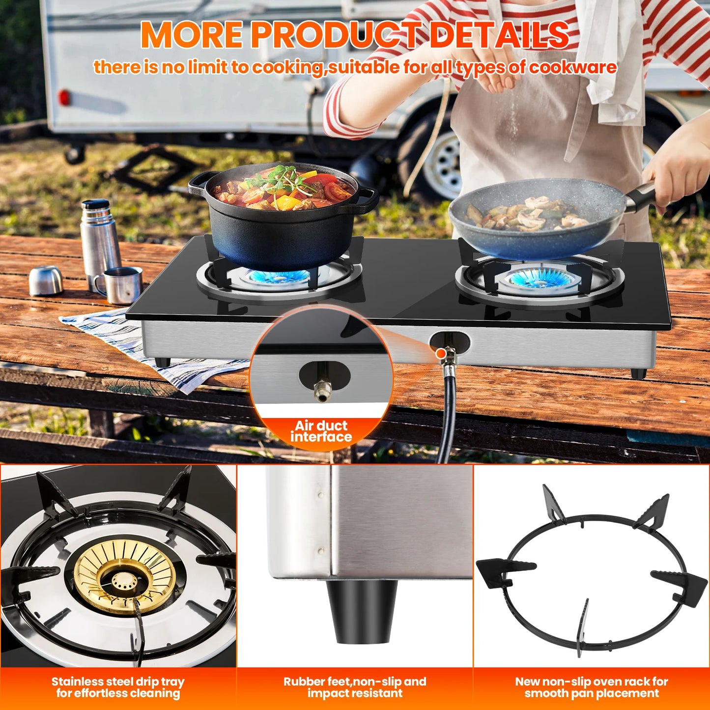28,000 BTU 2-portable Gas stove, tempered glass cooking plate, pizo ignition, high power indoor and camping