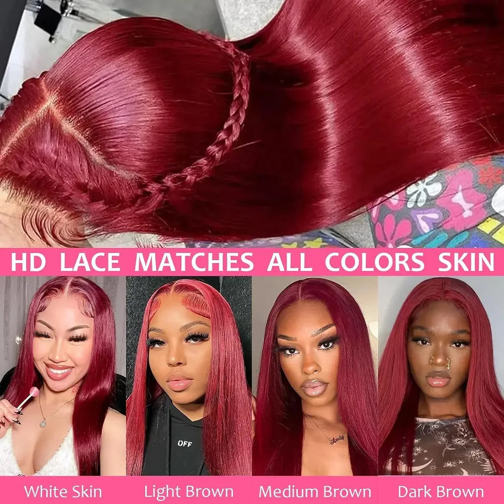13x4 99j Burgundy Lace Front Wig 13x6 Straight Lace Frontal Wigs HD Transparent Lace Colored Remy Red Human Hair Wigs For Women
