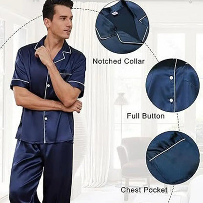 2Pcs/Set Silk Satin Men Pajama Set Notch Collar Button Down Pajama Top with Chest Pocket Elastic Waist Bottoms Set Sleepwear