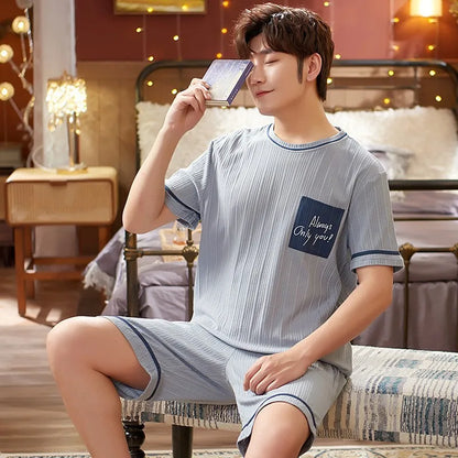 Cotton Pajamas Men Autumn and Winter Short Sleeve Shorts Loose Teen Cartoon Casual Loungewear Set Large Size Short Sleepwear