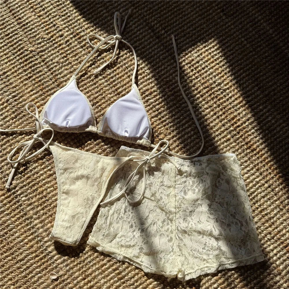 Solid White Lace Mesh Short Bikinis Sets 3 Piece Holiday Swimwear Sexy Swimsuit Women 2026 Beach Wear String Halter Bikini Donna