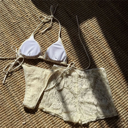 Solid White Lace Mesh Short Bikinis Sets 3 Piece Holiday Swimwear Sexy Swimsuit Women 2026 Beach Wear String Halter Bikini Donna