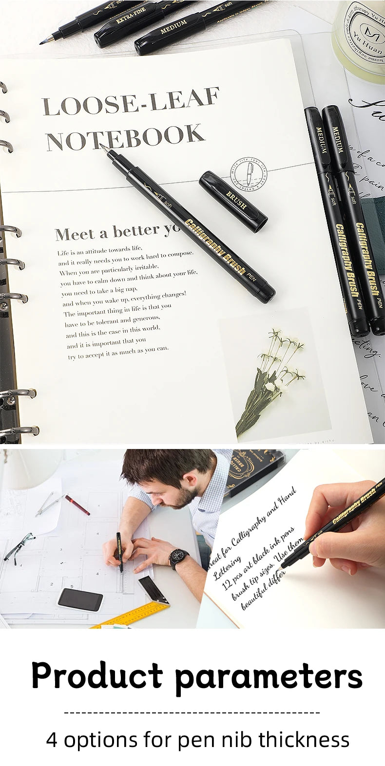 4 Pcs Black Hand Lettering Calligraphy Pen Set Drawing Writing Learning Fine Brush Markers Art Supplies Manga Pen