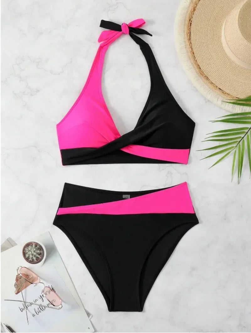 New Sexy Backless Bikini Cross Strap Color Collision Swimwear Women Split Bikini Set Two Pieces Bathing Suit Beachwear Swimsuit