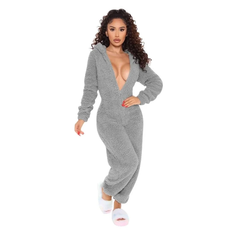 Womens Winter Warm Onesie Pajamas Fuzzy Fleece Zipper Up Bear Ear Hooded Romper Jumpsuits Sleepwear Loungewear