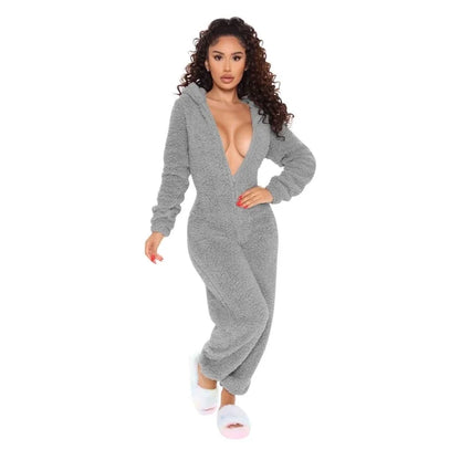 Womens Winter Warm Onesie Pajamas Fuzzy Fleece Zipper Up Bear Ear Hooded Romper Jumpsuits Sleepwear Loungewear