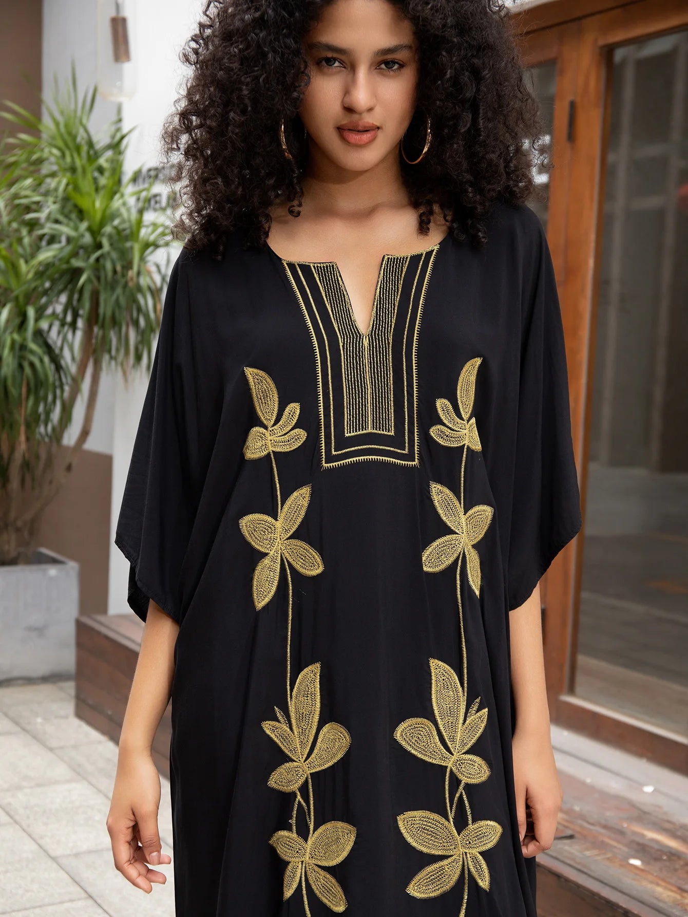 Swimsuit Cover Ups Embroidery V Neck Short Sleeve Swim Cover Up for Women Kaftan Dresses