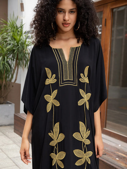 Swimsuit Cover Ups Embroidery V Neck Short Sleeve Swim Cover Up for Women Kaftan Dresses