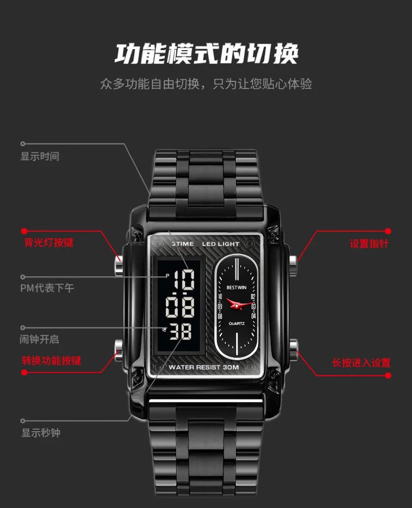Gold Men Watches Stainless Steel Band Dual Display Men Sports Digital Watches For Male Clock Chronograph Date Waterproof Luxury