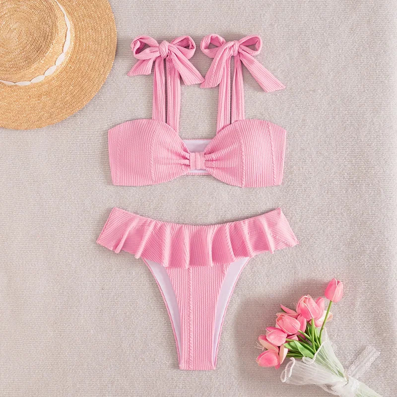 Sexy Knitted Lace Bikini Set Women's Swimsuit Two-Piece Ensemble Separate Top And Bottoms Fashionable Poolside Attire