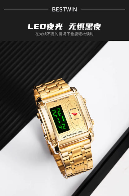 Gold Men Watches Stainless Steel Band Dual Display Men Sports Digital Watches For Male Clock Chronograph Date Waterproof Luxury