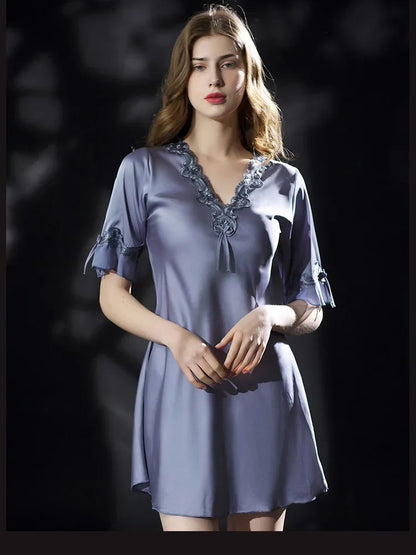 New Summer Women Sleepwear Ice Silk Nightdress Robe Sexy Lingerie Nightgown Lady Homewear Female Night Home