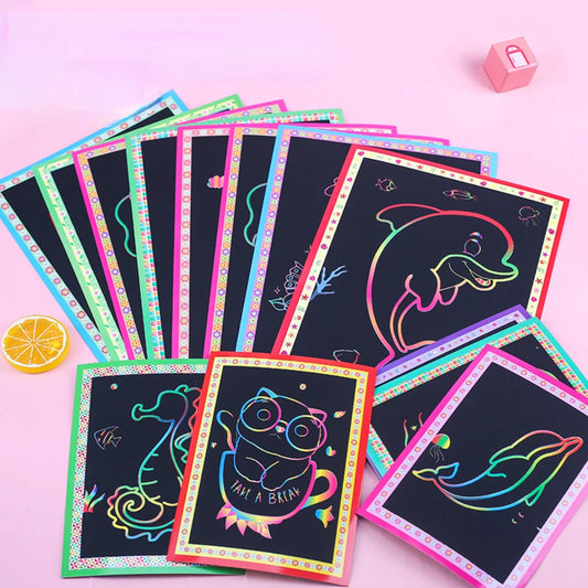 10Pcs Scratch Art Paper Magic Painting Paper with Drawing Stick Drawing Toys Kids Learning Educational Toys for Children Gifts