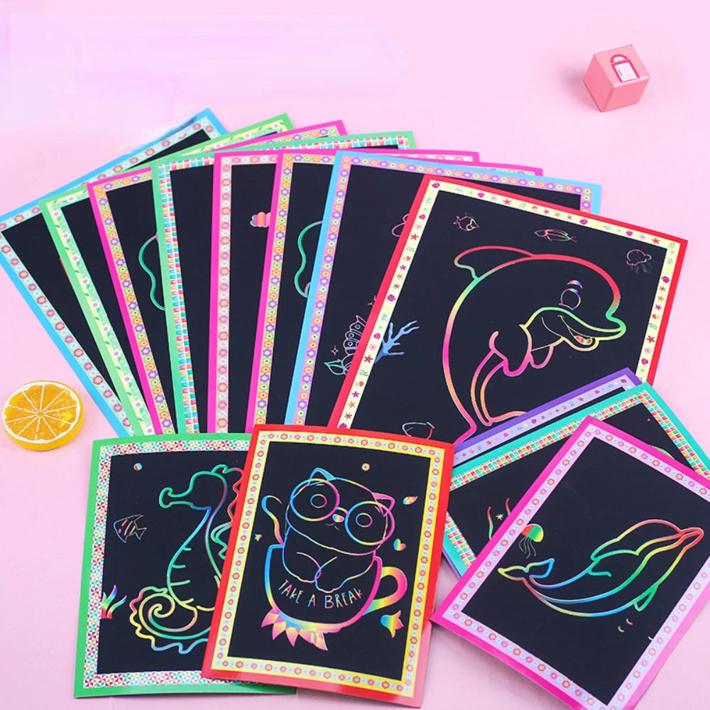 10Pcs Scratch Art Paper Magic Painting Paper with Drawing Stick Drawing Toys Kids Learning Educational Toys for Children Gifts