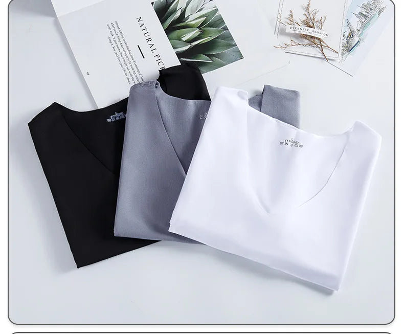Men's Skinny Undershirt Plus Size Ice Silk Basic Shirts Breathable V-Neck Seamless T-shirt Underwear Thin Slim Bottoming Shirt