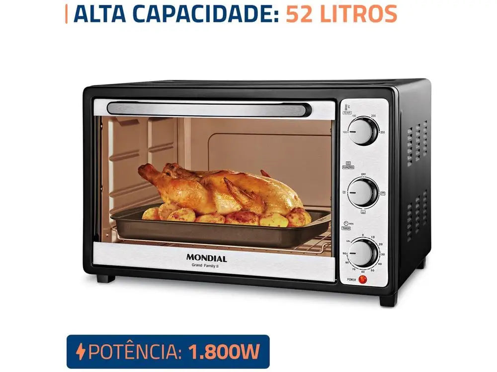 52L Multifunctional Mondial Electric Countertop Oven Black and Silver Grand Family II FRN-52-B - 110V