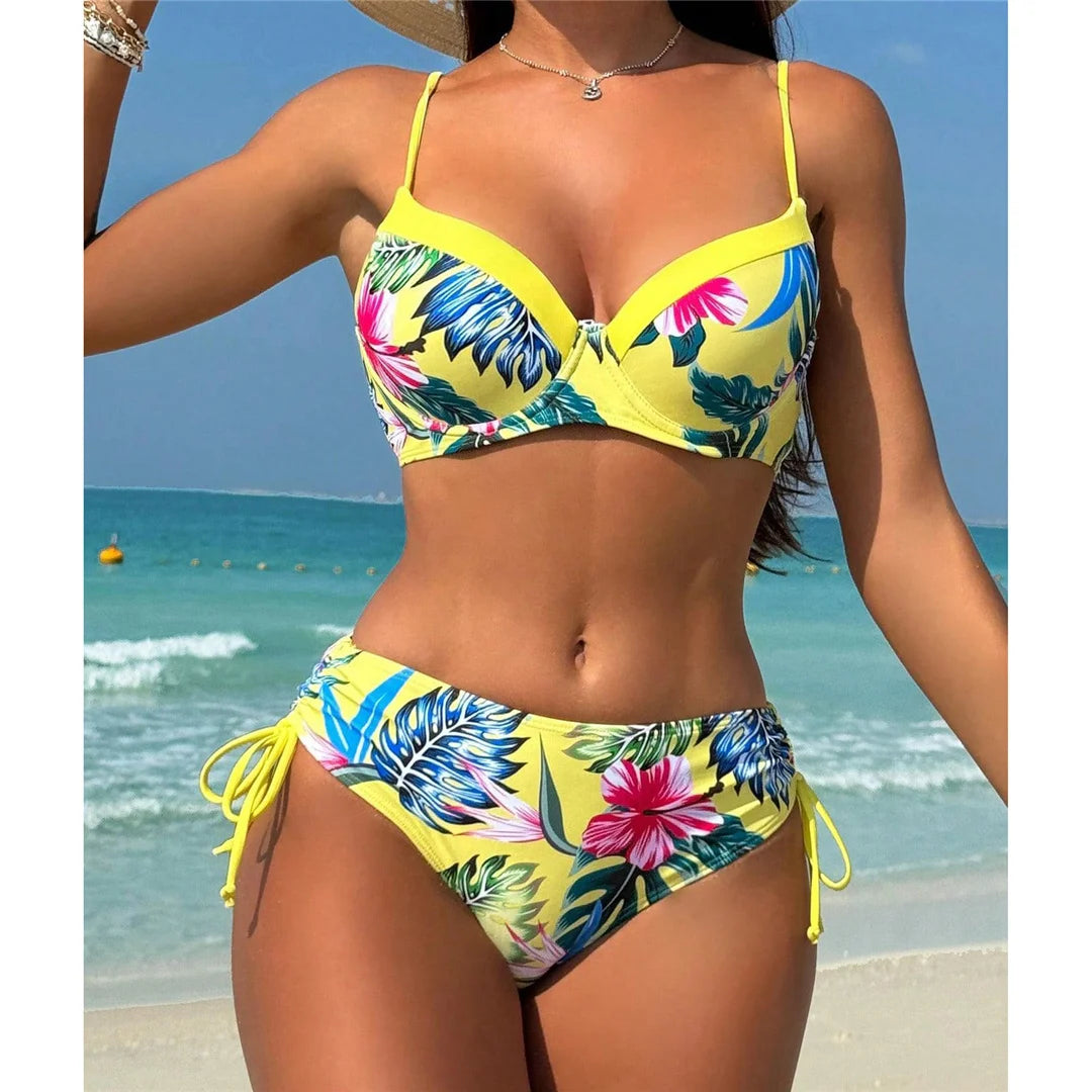 Floral Printed Underwired Mid Waist Bikini Female Swimsuit Women Swimwear Two-pieces Bikini set Bather Bathing Suit Swim K6456